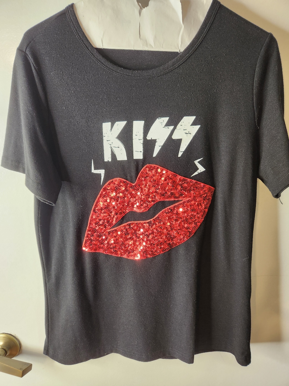 Black Graphic Tee with Red Sequin Lips - KISS Design